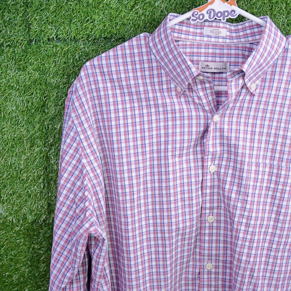 Peter Millar Plaid Long Sleeve Button Down Shirt Red Blue - Men's Size L